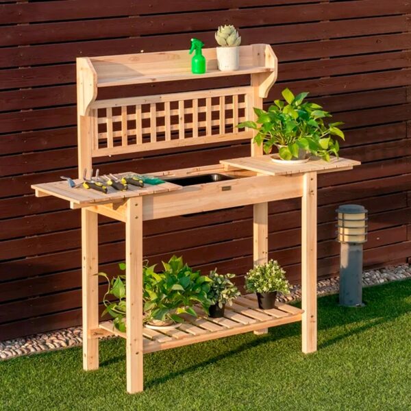 Costway Garden Potting Bench Workstation Table w_Sliding Tabletop Sink Shelves - 图片 3